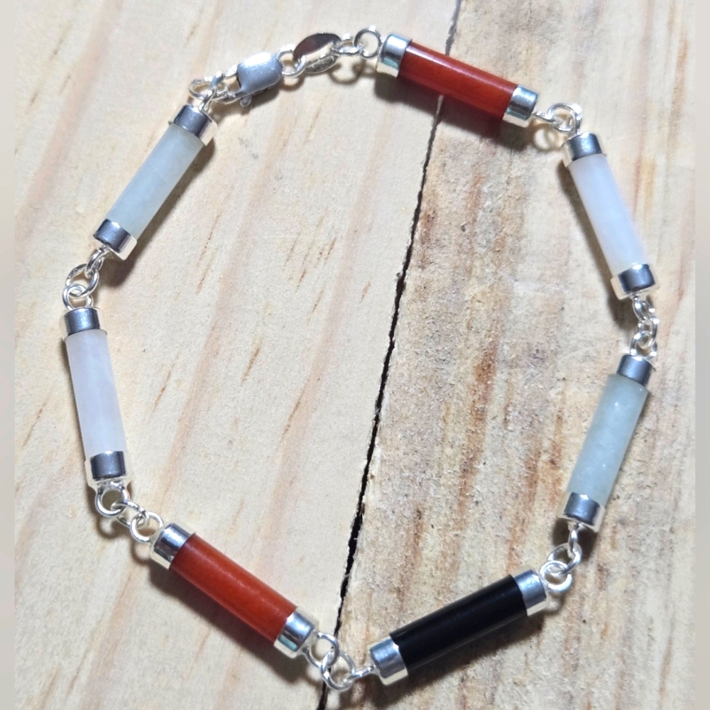Multi-Color Stone Bracelet Vintage Jade Coral Black Onyx Sterling Silver